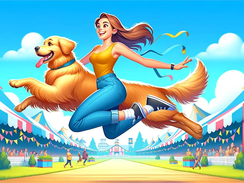 A girl with a dog jumping in the air.