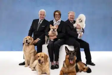 Left to right: John; Mary; David Dogs, left to right: Golden Retriever; Labrador Retriever; French Bulldog; German Shepherd Dog; Poodle