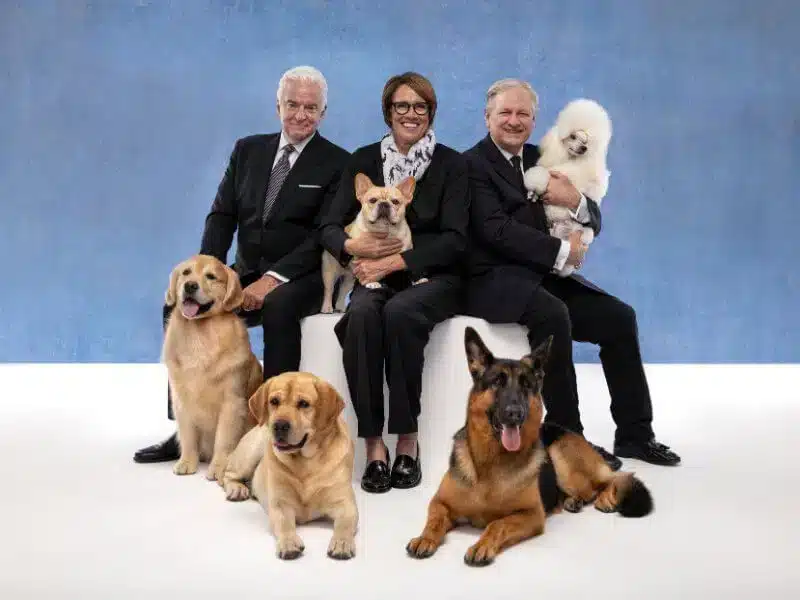 Left to right: John; Mary; David Dogs, left to right: Golden Retriever; Labrador Retriever; French Bulldog; German Shepherd Dog; Poodle